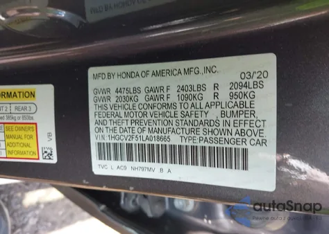 2020 Honda Accord Ex-L 2.0T from USA, damaged, VIN 1HGCV2F51LA018665
